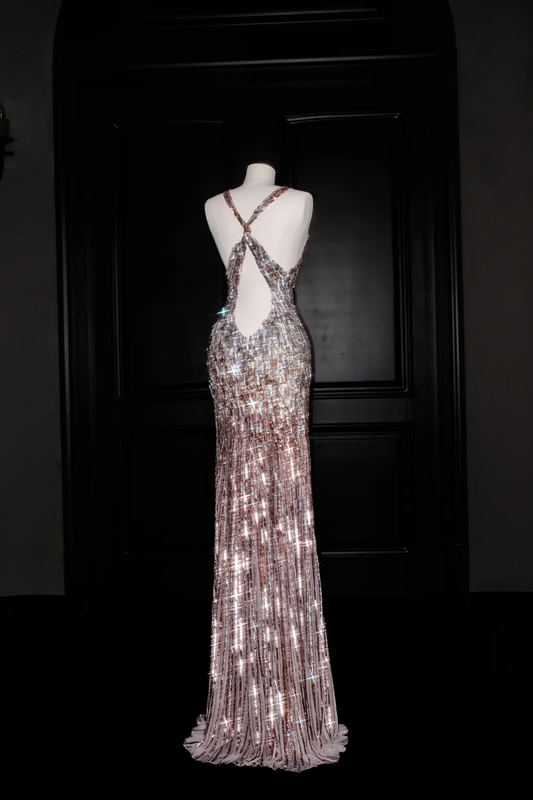 Pink sequined suspenders deep V sexy waist slim long skirt, prom dress R5690