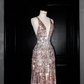 Pink sequined suspenders deep V sexy waist slim long skirt, prom dress R5690