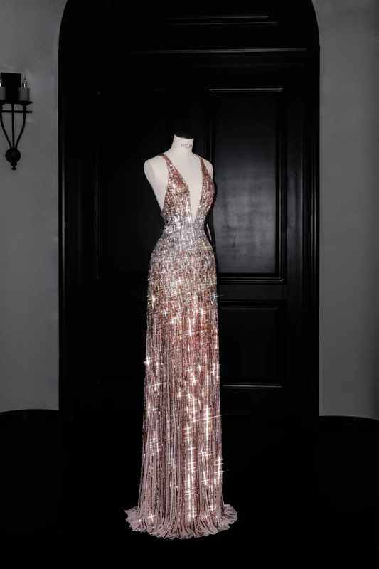 Pink sequined suspenders deep V sexy waist slim long skirt, prom dress R5690