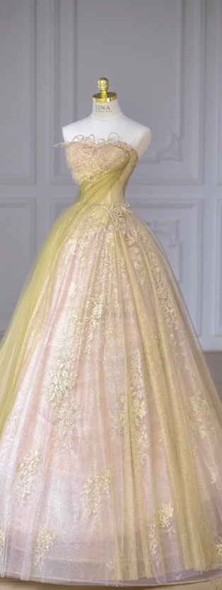 Yellow tube top slim waist puffy skirt ball gown bridal gown R5886