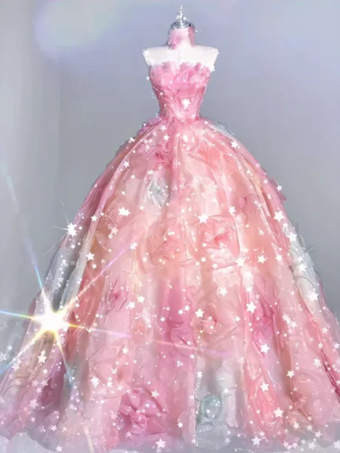 Pink Fairy Strapless Waist-cinching Puffy Skirt Long Ball Gown R6565