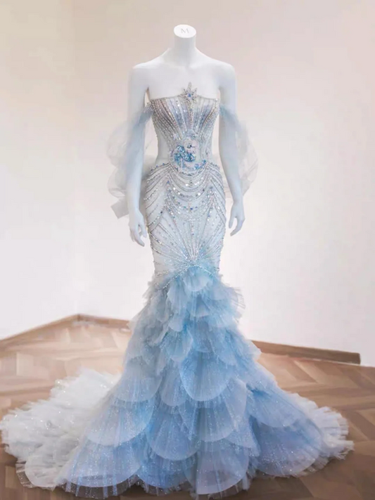 Blue series off-shoulder fitted waist slim-fit fairy mermaid skirt ball gown R6444