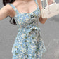 Blue fresh daisy floral suspenders waist slim short skirt homecoming dress R3258