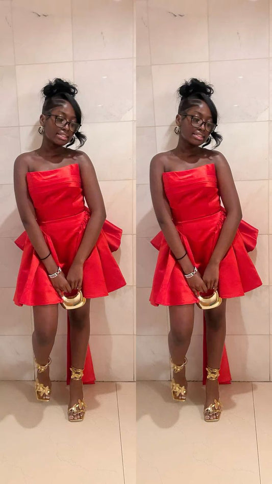 Elegant Red A-Line Strapless Large Bow Back Accessory Bodycon Mini Dress Homecoming Dress RS192