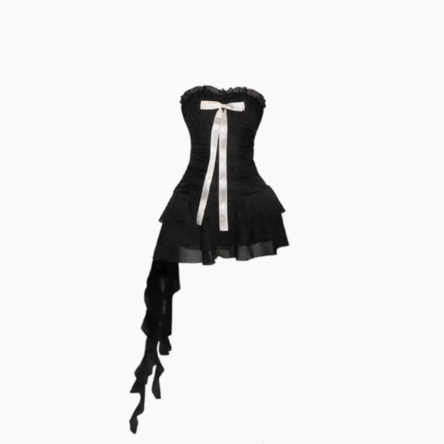 Sweet and spicy style tube top dress 2025 pure desire pleated waist ribbon short skirt R1037