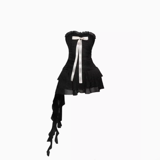 Sweet and spicy style tube top dress 2025 pure desire pleated waist ribbon short skirt R1037