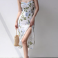 French retro leaf floral suspender skirt slim waist side slit dress long skirt R2820