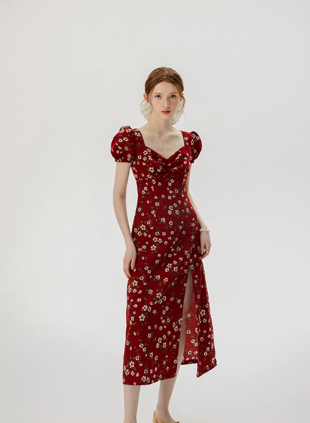 French floral red dress 2025 high-end wear R2703