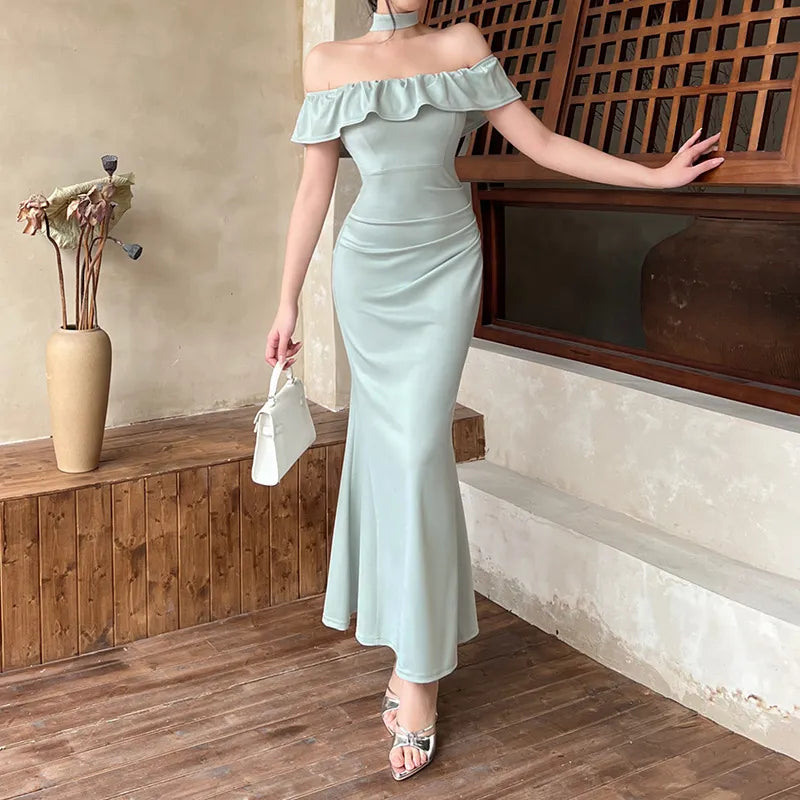 Off-Shoulder Ruffled Midi Mermaid Dress       S6739