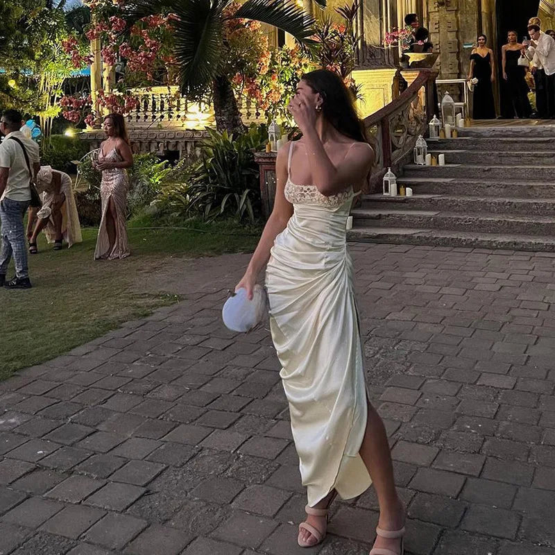 Sexy Lace Patchwork Satin Strap Dress Chic Pleated High Slit Bodycon Long Dress    S6867