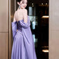 Purple dress long evening gown engagement party off shoulder satin birthday party dress   S6832