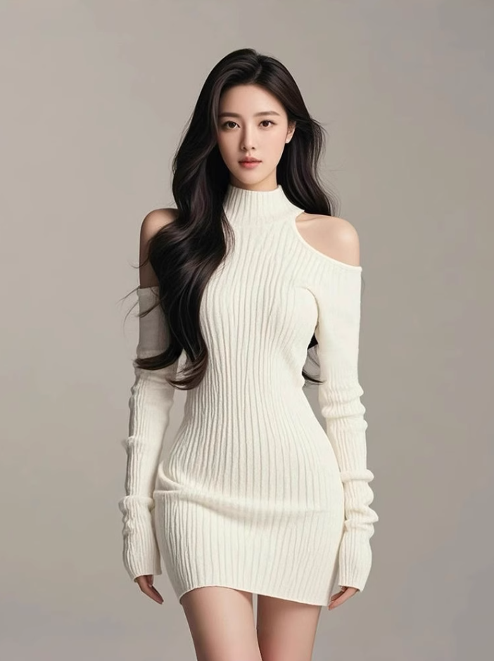 Pure desire style half high collar off-shoulder knitted dress 2025 slim waist hip skirt R1194