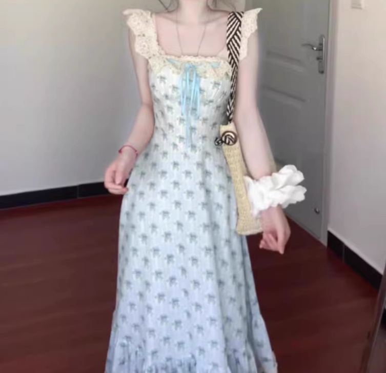 Blue floral dress gentle temperament beautiful summer skirt R0762