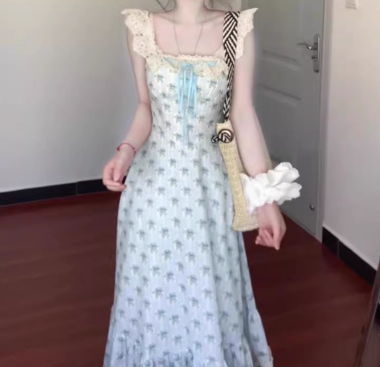 Blue floral dress gentle temperament beautiful summer skirt R0762