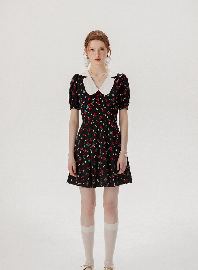 Baby collar floral dress French style black dress petite short dress female summer new style R3561