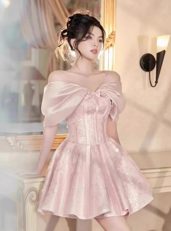 French one-shoulder pink satin banquet birthday party short slim dress dress homecoming dress R2969
