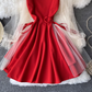 2025 Puff Sleeve V-Neck Low-cut Mesh Beaded A-Line Skirt Short Sleeve Slim Waist Midi Dress R0409