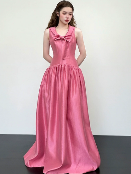Girlish Silky Bow Prom Gown Barbie Pink Women's Corset Maxi Birthday Dress Evening Dress RS2939