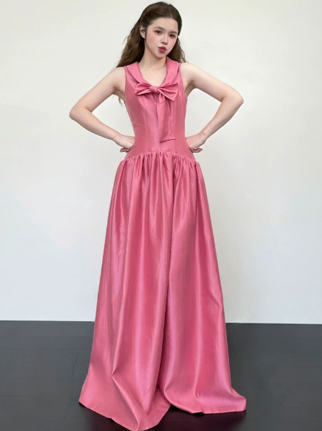 Girlish Silky Bow Prom Gown Barbie Pink Women's Corset Maxi Birthday Dress Evening Dress RS2939