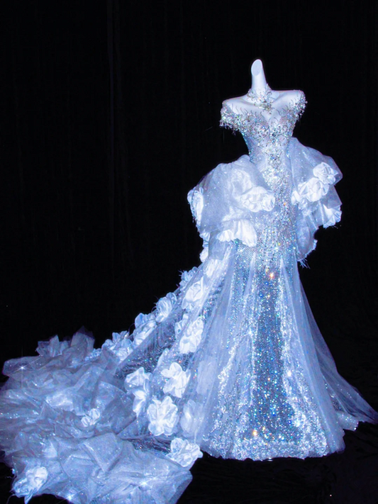 Blue sequined slim waist sexy elegant long skirt, prom dress R5691