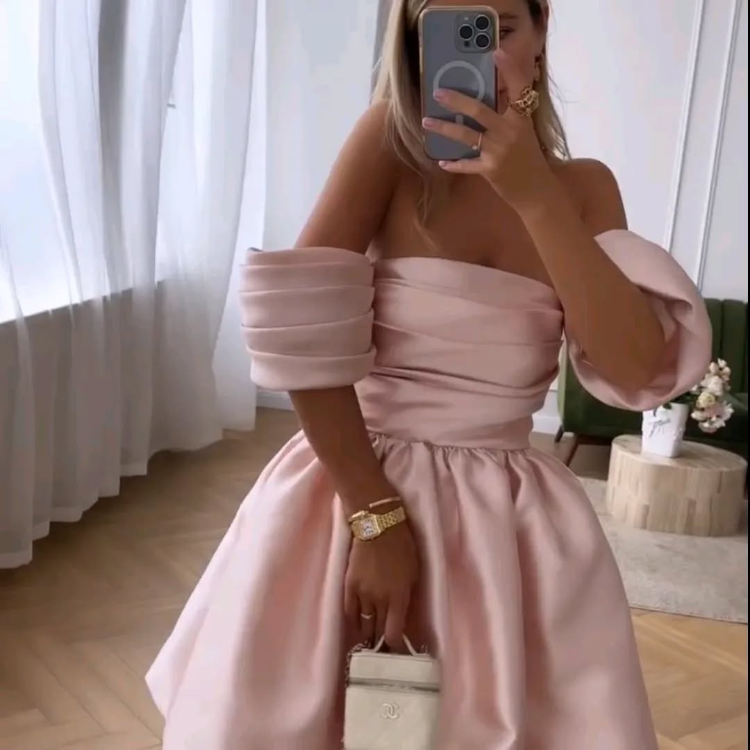 One-shoulder satin pleated princess skirt homecoming dress R2429