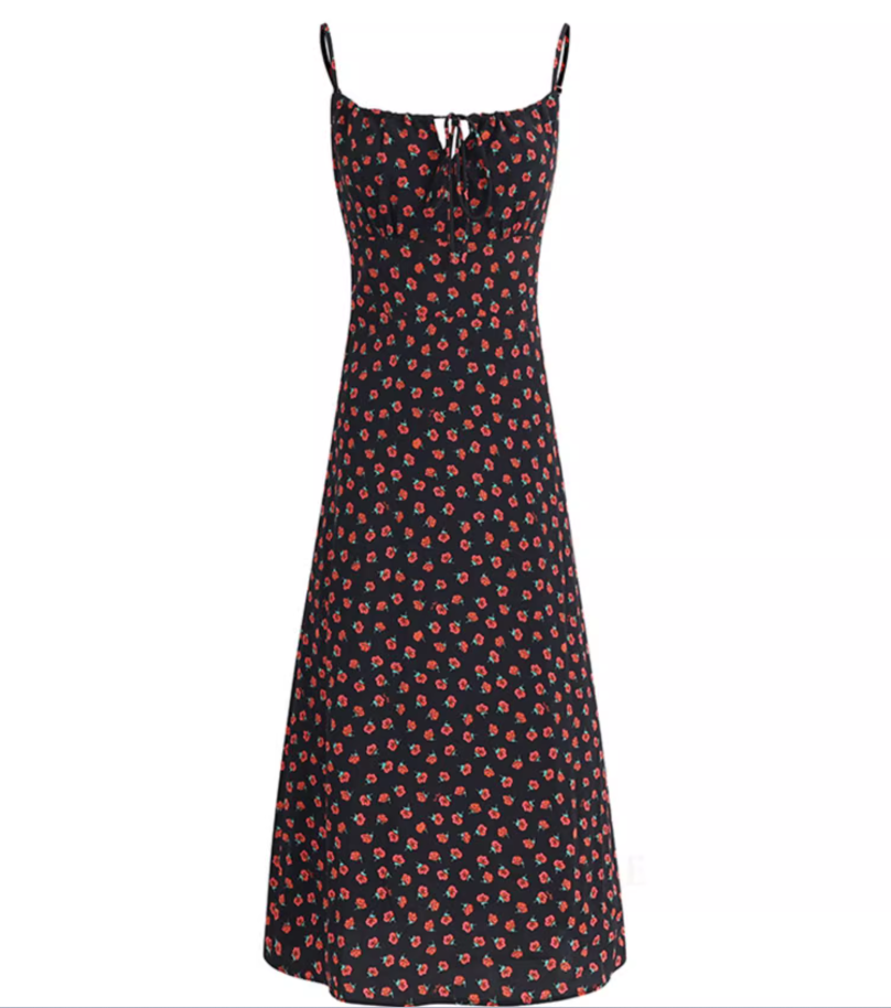 French holiday style long black 2025 new sling floral slim dress R2655