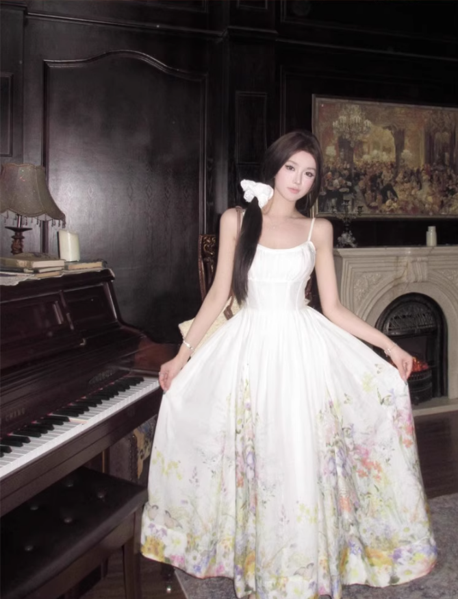 Platycodon temperament floral suspender skirt super beautiful waist dress R0701