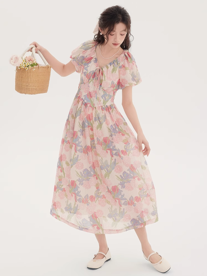 Tea break French beautiful dress 2025 new floral dress waist temperament long dress R2388