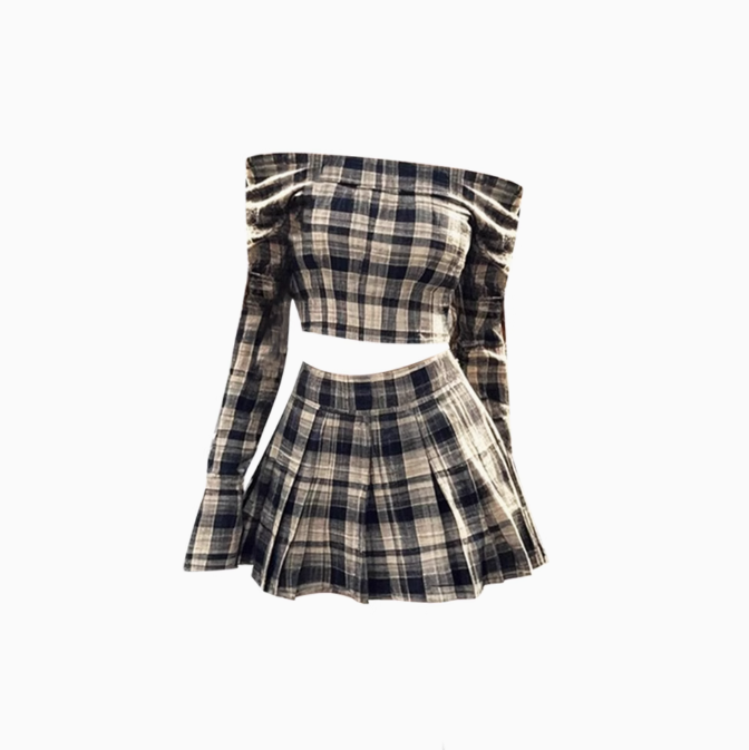 Retro design one-shoulder long-sleeved top 2025 plaid pleated skirt suit R1181
