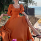 Gentle Temperament Square Neck Puff Sleeve Dress Backless Slit Long Dress R0599