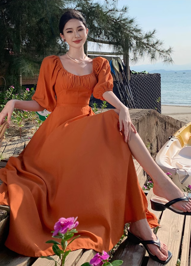 Gentle Temperament Square Neck Puff Sleeve Dress Backless Slit Long Dress R0599