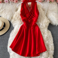 Gentle style V-neck halter dress with a very elegant temperament, a short skirt for a seaside holiday R0378