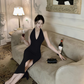 Retro skirt halter neck sexy V-neck temperament dress slit hip dress R1501
