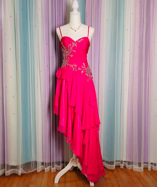 Hot Barbie Pink Ruffled A-Line Spaghetti Straps Asymmetrical Hem Embroidery Corset Party Dress Prom Dress RS548