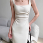 Square neck camisole dress 2025 temperament waist hip slit high-end long skirt R1452