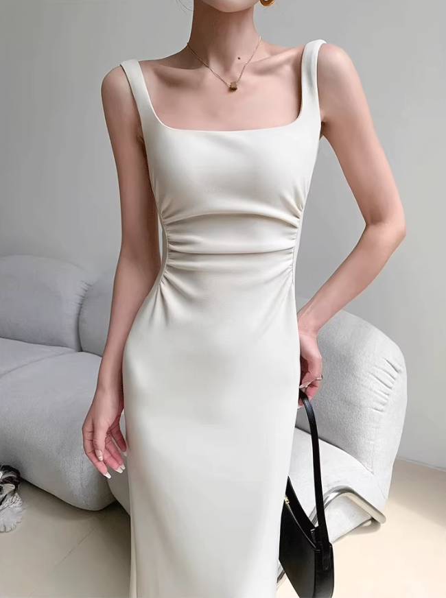 Square neck camisole dress 2025 temperament waist hip slit high-end long skirt R1452