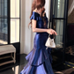 Elegant Navy Ruffled A-Line Portrait Corset Maxi Evening Dress Prom Dress RS549