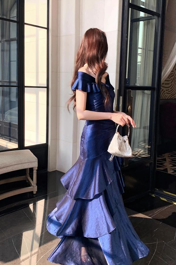Elegant Navy Ruffled A-Line Portrait Corset Maxi Evening Dress Prom Dress RS549