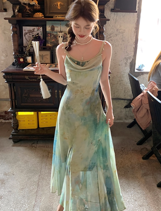 Waist-hugging, swaying neckline, gradient color fishtail A-line dress, summer French temperament suspender skirt R4701