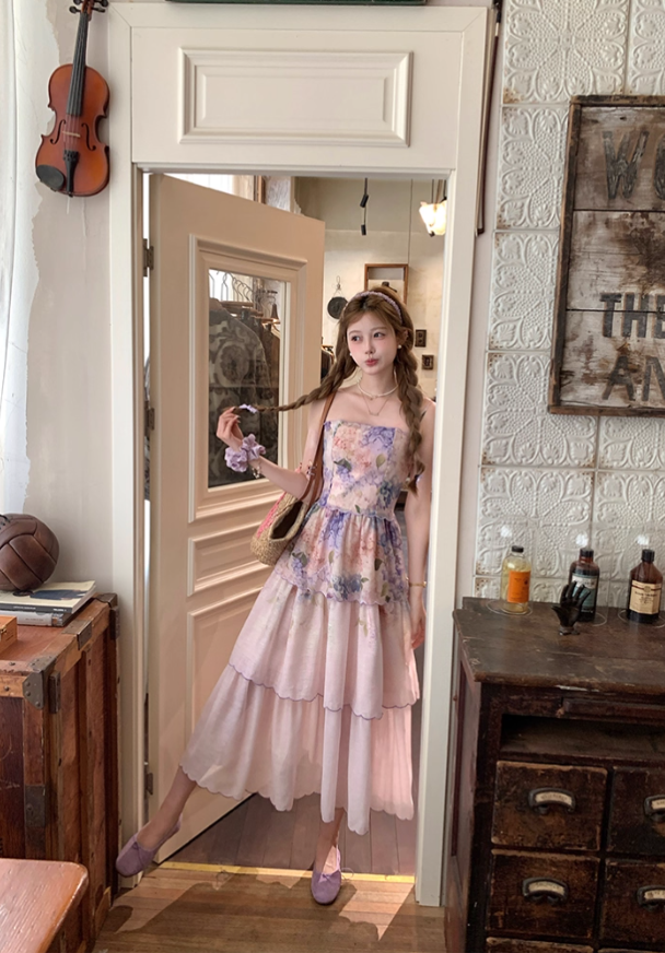 Long purple waist-length neckline suspender dress summer French retro temperament slim skirt R4780