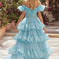 French Chic Pale Blue Ruffled A-Line V-neck Corset Maxi Evening Dress Prom Dress RS550