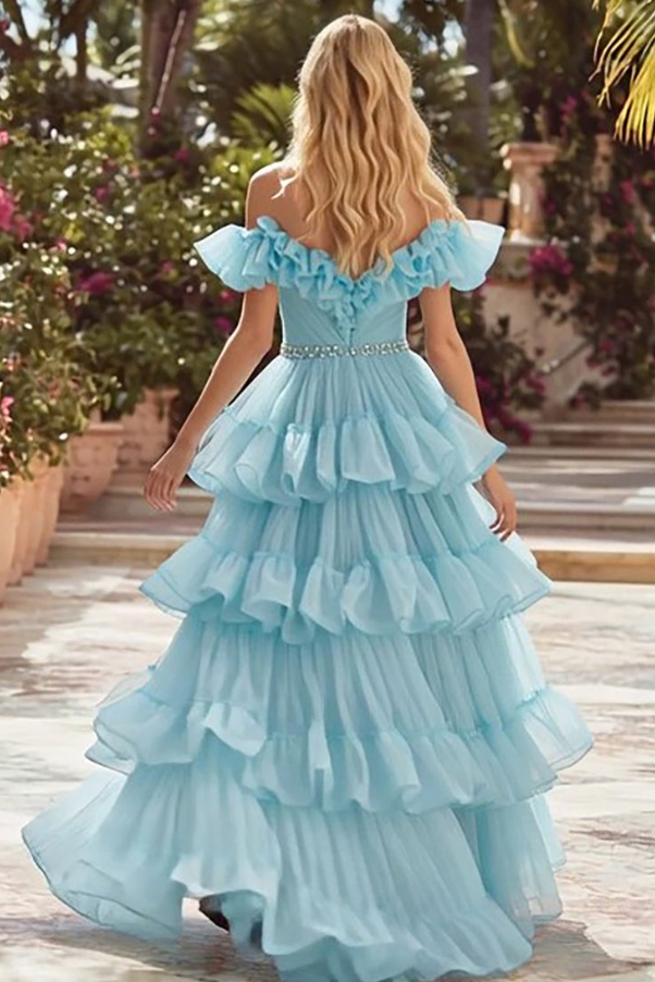 French Chic Pale Blue Ruffled A-Line V-neck Corset Maxi Evening Dress Prom Dress RS550