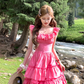 Pink long square collar white waist cake dress women's summer temperament skirt R4699