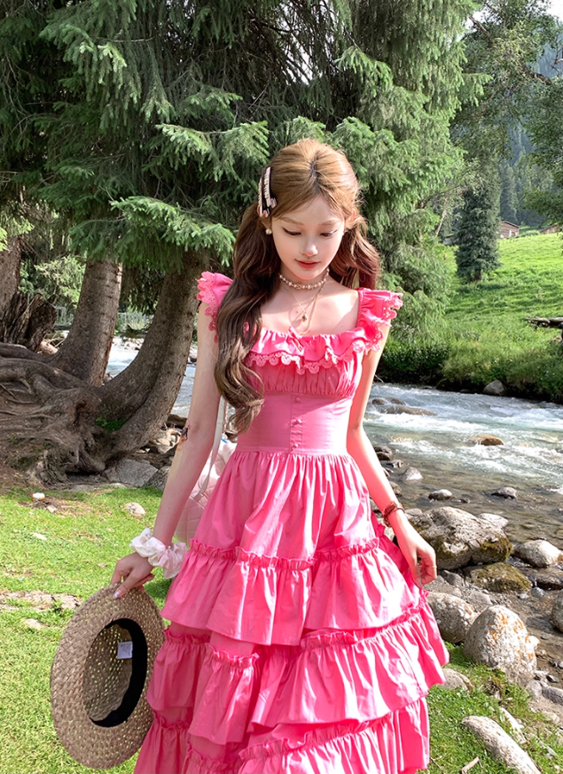 Pink long square collar white waist cake dress women's summer temperament skirt R4699