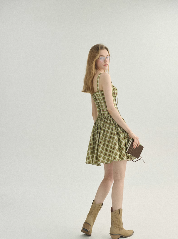 French suspender skirt seaside holiday short skirt fairy skirt plaid dress R2765