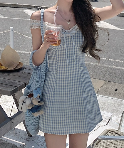 V-neck waist plaid suspender dress summer French temperament skirt R4951