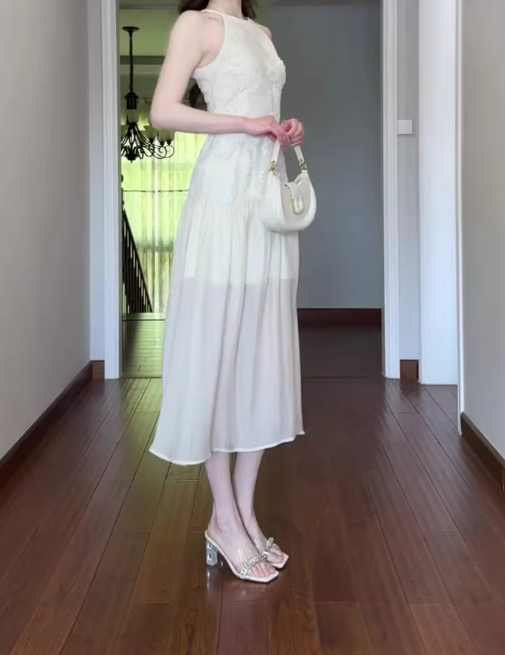 Jacquard sleeveless halter dress cool and gentle temperament waist A-line long skirt R0857