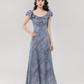 French gentle style retro blue lotus leaf collar dress beautiful waist A-line long skirt R0879