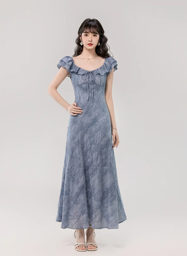 French gentle style retro blue lotus leaf collar dress beautiful waist A-line long skirt R0879