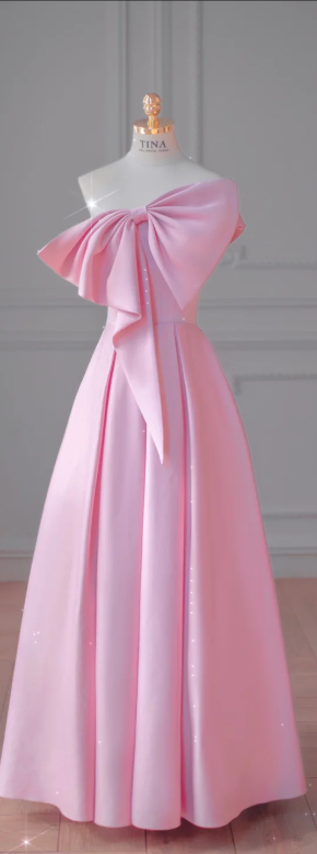 Pink Off-the-Shoulder Bow-Accented Neckline Fitted-Waist A-Line Long Prom Gown / Bridal Gown R5926